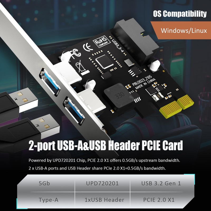GLOTRENDS U3055N 2-Port USB 3.0 Type-A and USB Header 5Gbps