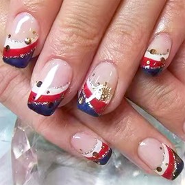 24pcs 4th of July Press on nails Short Square French Tip Fake Nails with Designs Independence Day False Nails Red Blue White French Acrylic Nail Tips Full Cover Glue on Nails for Women