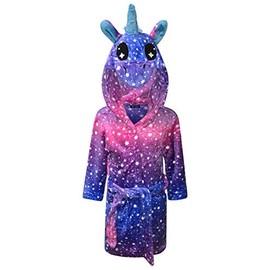 Live It Style It Kids Dressing Gown Childrens Soft Hooded Bathrobe for Boys Unicorn Gifts for Girls (6-7 Years, Unicorn - Purple Pink Stars)