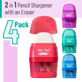 Mr. Pen- Pencil Sharpener & Eraser, 4 Pack, Colorful, 2 Sharpening Holes, Manual Handheld Small Pencil Sharpener, Back to School Supplies
