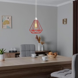 LEDSone Modern Geometric Diamond Pendant Lampshade - Metal Wire Cage, Red, 13x20cm, Ideal for Living Room, Kitchen, Restaurant, Office