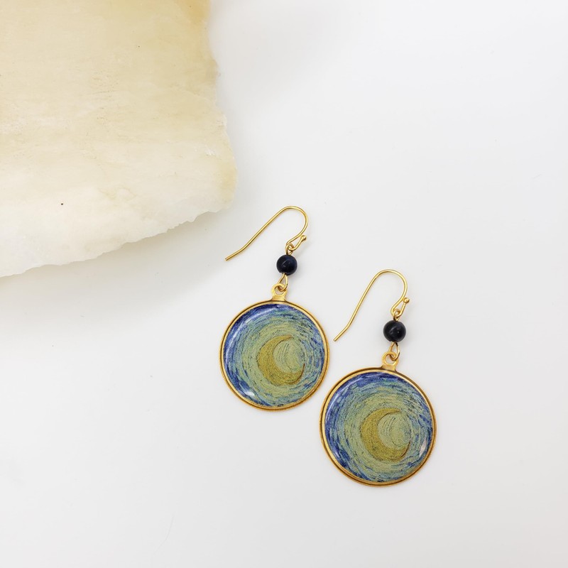 Van Gogh Starry Night Inspired Earrings - Gold Finish with