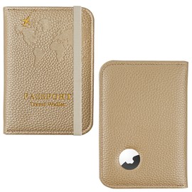 Hennaja Passport Holder with Airtag Slot, Airtag Passport Wallet for Men Women, Slim Leather Passport Holder Case Family for Travel Anti-Lost(1-Lichee Gold)