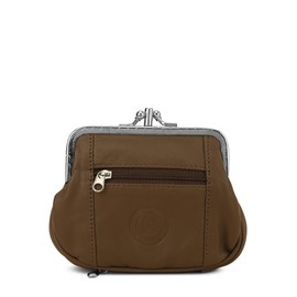 Women's Leather Metal Frame Double Clasp Zipper Coin Purse 5 1/4" x 3 1/4" (Tan)