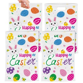 40 Pack Happy Easter Treat Bags, Colorful Easter Gift Bags with Handles, Plastic Easter Eggs Bunny Goodie Candy Tote Favor Bags for Easter Egg Hunt Party Supplies and Gifts Wrapping, 6.5 X 10 inch