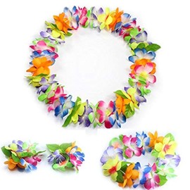JSSHI Lush Hawaiian Headpiece,Hawaiian Flower Leis Jumbo Necklace Bracelets Headband Set with Leaf for Hawaiian Luau Party Decoration Supplies (with Green Leaves，Multicolor)