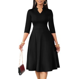 Nmoder Casual Dresses for Women Semi Formal Fit and Flare 3/4 Sleeve A-line Church Work Dress with Pockets Black New M