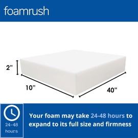 FoamRush 2" x 10" x 40" High Resilience Foam, Extra Firm Foam Sheet, Seat Cushion Upholstery Foam for Dining Chair, Square Foam Cushion, Couch Cushion Replacement, Foam Padding