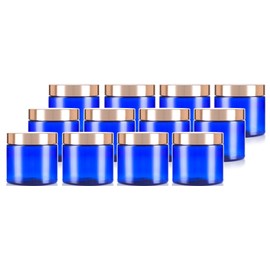 JUVITUS Cobalt Blue PET Plastic (BPA Free) Large Refillable Jar with Gold Metal Overshell Lid - 16 oz (12 Pack)