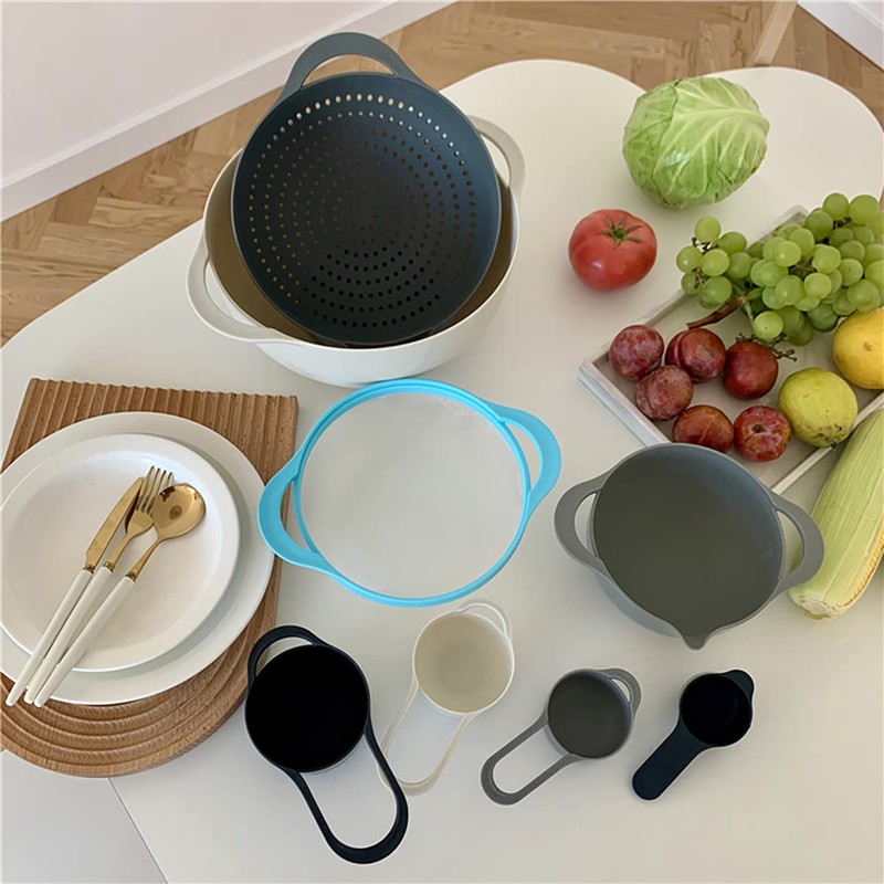MiHerom Plastic Nesting Bowls Set with Mixing Bowls,Colanders,4 Measuring Cups,Sifter