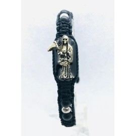 Pulsera Santa Muerte de metal rustico e imagen 7 colores doble tejido negro