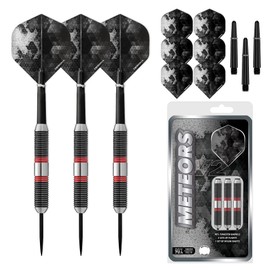 Designa D8650 Meteors | 44g Premium 90% Tungsten Heavy Barrel Steel Tip Dart Set With Ringed Grip Including Flights and Stems, M3, Black and Red