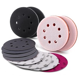 POLIWELL 5 inch Orbital Sander Soft Foam Backing Pad, Soft Density Interface Pad with 8 Hole 4Pcs, Foam Sanding Pads Hook and Loop for Orbital Sander Include 8Pcs 5 Inch Sanding Discs.