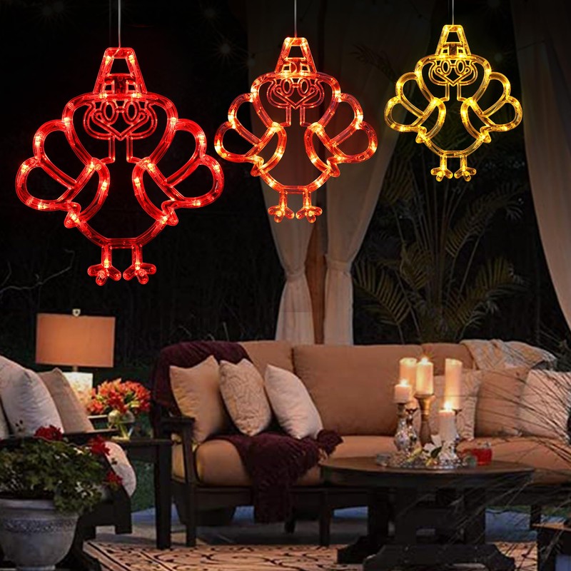 [Timer] 3 PCS Thanksgiving Turkey Fall Decorations Window Lights, Battery