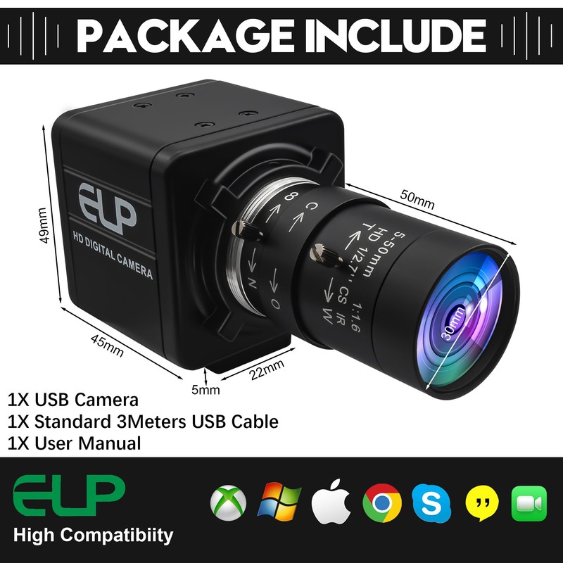 ELP Global Shutter USB Webcam - 1080P 90fps, Manual Zoom,