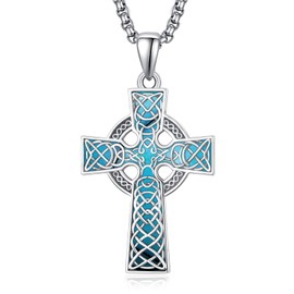 KINGWHYTE Celtic Cross Necklace 925 Sterling Silver Celtic Knot Pendant Religious Protective Gift Irish Jewelry for Men Women, Turquoise