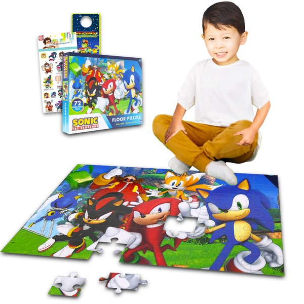 Sonic The Hedgehog Floor Puzzle for Kids Set - Bundle with 72 Piece Sonic Floor Puzzle, Stickers, More | Sonic Puzzles for Kids Ages 4-8