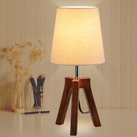 Dreamholder Wood Bedside Table Lamp, Tripod Desk Lamp with On-Off Switch, Nightstand Lamp with Fabric Shade for Reading, Bedroom, Living Room, Office, Walnut Base with Linen Shade