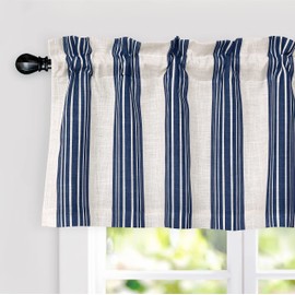Driftaway Chris Linen Lined Valance Double Layer Thermal Insulated Room Darkening Blackout Window Valances 3 Inch Rod Pocket Vertical Striped Kitchen Valance for Bathroom 52 by 18 Inch Ivory Dark Blue