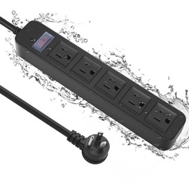 Outdoor Power Strip Waterproof with 5 Outlets, Garden Weatherproof Surge Protector, Christmas Multiple Outlet Exterior Socket for Lighting Appliances. 10FT Extension Cord Strip with Flat Plug. Black