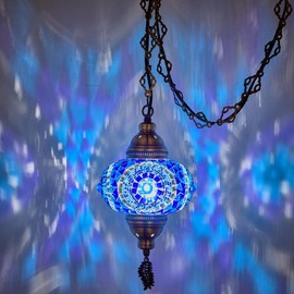 DEMMEX Plug in Pendant Light, Turkish Moroccan Mosaic Ceiling Hanging Pendant Light Fixture Lamp, 6.5" Shade, 15ft Thick Leaf Type Metal Chains, Cord & Plug (Blue)