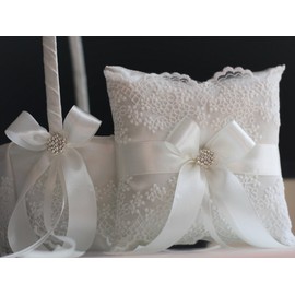 Wedding Flower Girl Basket & Ring Bearer Pillow Set by Alex Emotions (Off White)