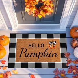 Fall Decor Door Mat Combo Set Hello Pumpkin 100% Coco Coir Welcome Mat + 28x43in Black White Buffalo Plaid Rug Fall Thanksgiving Floor Entryway Doormat for Indoor Outdoor Front Porch Entryway Decor