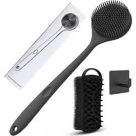 Cepillo Silicona Tres Uno Baño Mango Largo Masaje Espalda Limpieza Por Ambos Lados Cuero Cabelludo Gancho Colgar Pared Caja Black