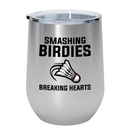 Badminton Silver Edition Wine Tumbler 12oz - Smashing birdies breaking - Badminton Player Racket Sport Theme for Athlete Net Birdie Badmintonist Court Game