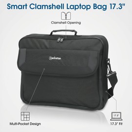 MANHATTAN 17.3-Inch Laptop Shoulder Bag Carrying Case – Briefcase Style, Full Clamshell Opening, Padded Compartments - Computer, Tablet, Notebook – 3 Yr Mfg Warranty – Black, 439992