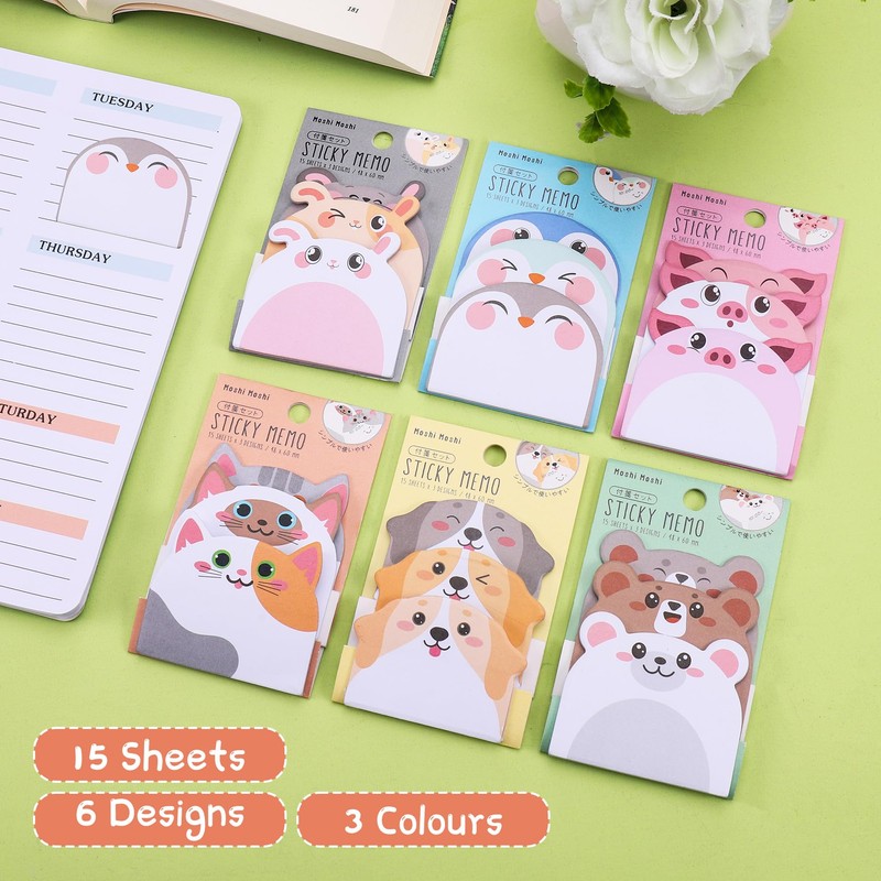 JIANTA Cute Sticky Notes, 6 Pack 270 Sheets Kawaii Cartoon