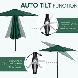 Tempera 10ft Patio Market Outdoor Table Umbrella with Auto Tilt and Crank,Large Sun Umbrella with Sturdy Pole&Fade resistant canopy,Easy to set, Forest Green
