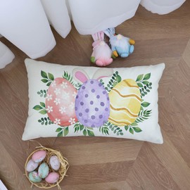 Ogiselestyle Watercolor Easter Eggs Throw Pillow Cover, 12 x 20 Inch Easter Rabbit Ear Cushion Case Decoration for Sofa Couch (Beige)