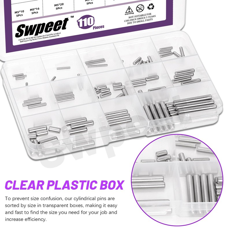 Swpeet 110Pcs M2 M3 M4 M5 304 Stainless Steel Dowel