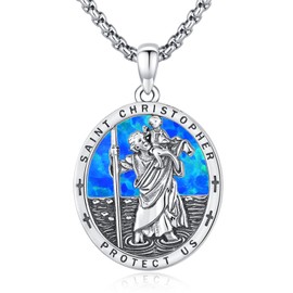 Brisskaari Blue Opal St Christopher Medal Necklace 925 Sterling Silver Oval Religious Saint Christopher Pendant Patron Saint Jewelry for Women Men