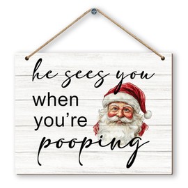 laveliabel Funny Christmas Santa Wood Sign Hanging Plaque, Christmas Santa Door Sign Hanger, Christmas Wall Sign, Funny Bathroom Signs, He Sees You When You're Pooping Bathroom Decor, 8x10in
