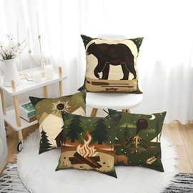 Best Gifts Set of 4 Throw Pillow Cover Bear Adventure Mountains Arrow Campfire Outdoor Forest Trees Camping Travel Cushion Case Double-Sided Plush Material Decorative Pillowcase 18"X18" (Green 1)