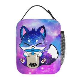 WOEMOZAP Galaxy Fox Insulated Lunch Box,Kawaii Fox Drinking Boba Bubble Tea Kids Lunch Bags For Girls,Reusable Portable Kids Girls School Lunch Box With Detachable Handle