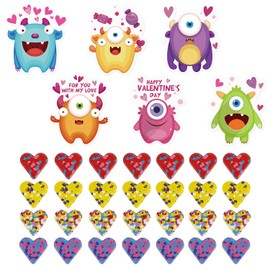 PARSUP 28 Pack Monster Valentine Cards + Heart Crayons (4 Colors) - No-Candy Classroom Exchange Gifts, Kid-Sized Crayons + Cute Monster Cards for Valentine Party Favors