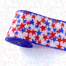 HIENAJ 2.5Inch 6 Yard Red White Blue Patriotic Ribbon Floral Ribbon Star and Striped Wired Ribbon for 4th of July, Independence Day, Memorial Day, Wreath Making DIY Crafts, American Flag Ribbon