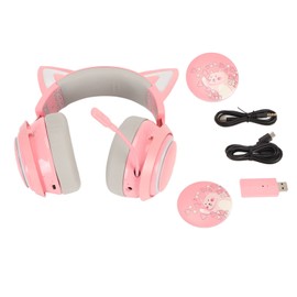 Cat Ear Gaming Headset RGB Light Bluetooth Wireless Headphones with Retractable 120 Degree Rotatable Mic for Laptops PCs Pink