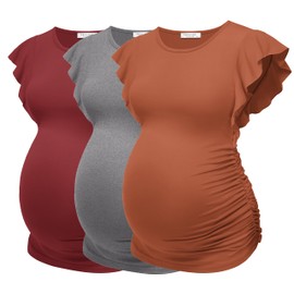 Ekouaer Womens Maternity Shirts 3 Packs Side Ruched Pregnancy Tee Top Flying Short Sleeve Tunic Blouse Mama Clothes Caramel/Grey/Wine Red S