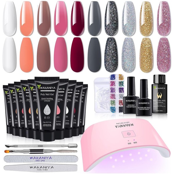 Poly Nail Gel Set with UV Lamp, 10 Colours Gold Pink Grey Poly Nail Gel Nails Self Kit with Slip Solution, Base Top Coat Nail Extension Kit for Beginners