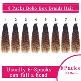 8 Packs 14 Inch Boho Box Braids Crochet Hair with Curly Ends Bob Bohemian Hippie Braids Pre-looped Messy Goddess Box Braids Hair Ombre Synthetic Braiding Hair Extension for Black Women 53#