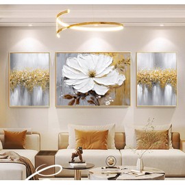 Hand-Painted Flower Oil Painting for Living Room,Framed 3D Gold and White Abstract Wall Art for Bedroom, Large 3 Pieces Floral Wall Painting for Office Home Decor 24x64 inches