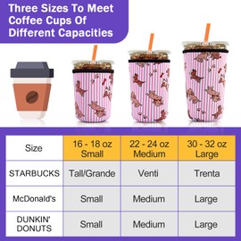 Desing Wish 3 Pack Reusable Iced Coffee Protective Sleeves Cup Insulator Neoprene Coffee Cup Cooler Sleeves Holders for 16-18oz/ 22-24oz/ 30-32oz Cold Drinks - Pink Striped Dog