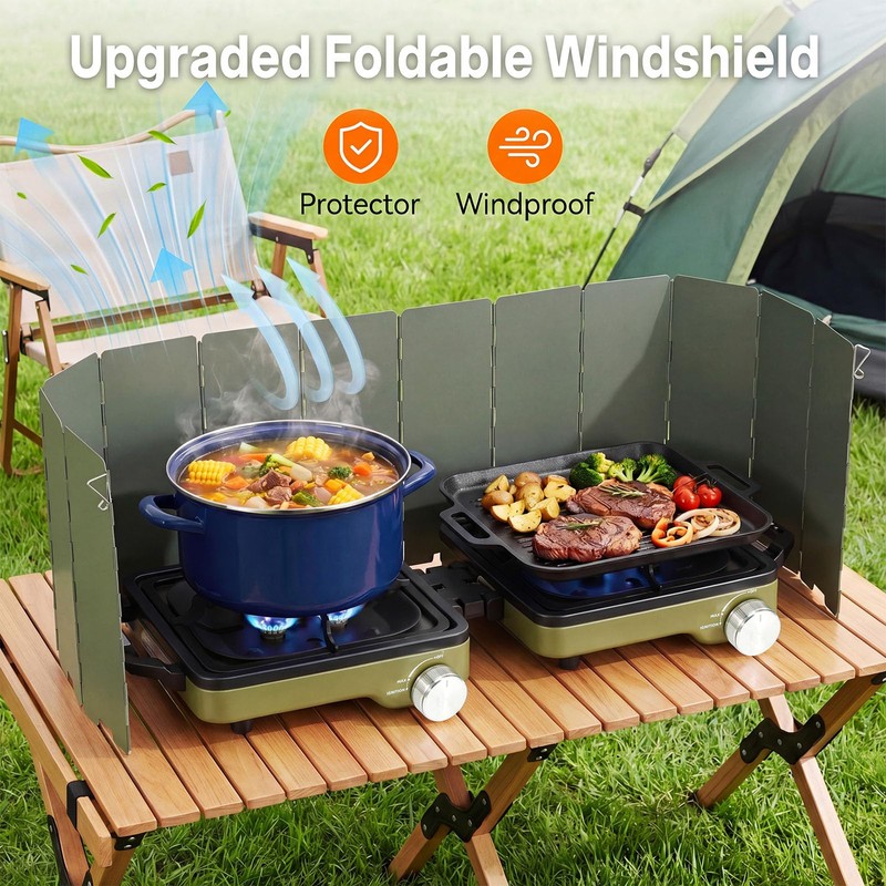 2-Burner Portable Propane Camping Stove with Windshield,Foldable Gas Stove