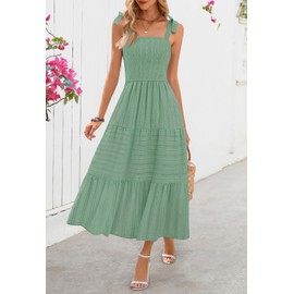 MEROKEETY Women's Summer Boho Maxi Dress Beach Vacation Casual Smocked A Line Sundress with Pockets, Seagrass, Small