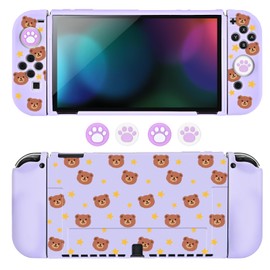DLseego Grip Case Controller for Switch OLED Console 2021, Anti-Slip Shock-Absorption Protective Soft Bear Case with 4 PCS Comfortable Thumb Grips Caps for Joycon Controllers - Purple