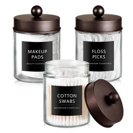 SheeChung Qtip Holder Dispenser for Bathroom Vanity Organizer and Farmhouse Decor - Stylish Glass Apothecary Jar with Stainless Steel Lid and Sticker,Bathroom Countertop Storage Canister(Bronze,3Pack)
